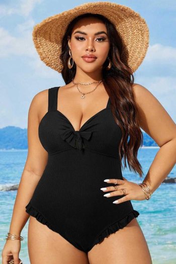 Black Plus Size Textured Knot Ruffle Trim One Piece Swimwear | Women One-Piece