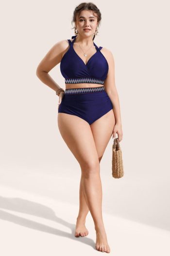 Navy Blue Embroidered Trim Wrap Tie Knot Plus Size High Waisted Bikini Set | Women Bikini Sets