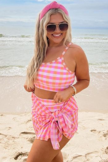 Pink Plus Size Plaid Print High Waist Bikini Set | Women Bikini Sets